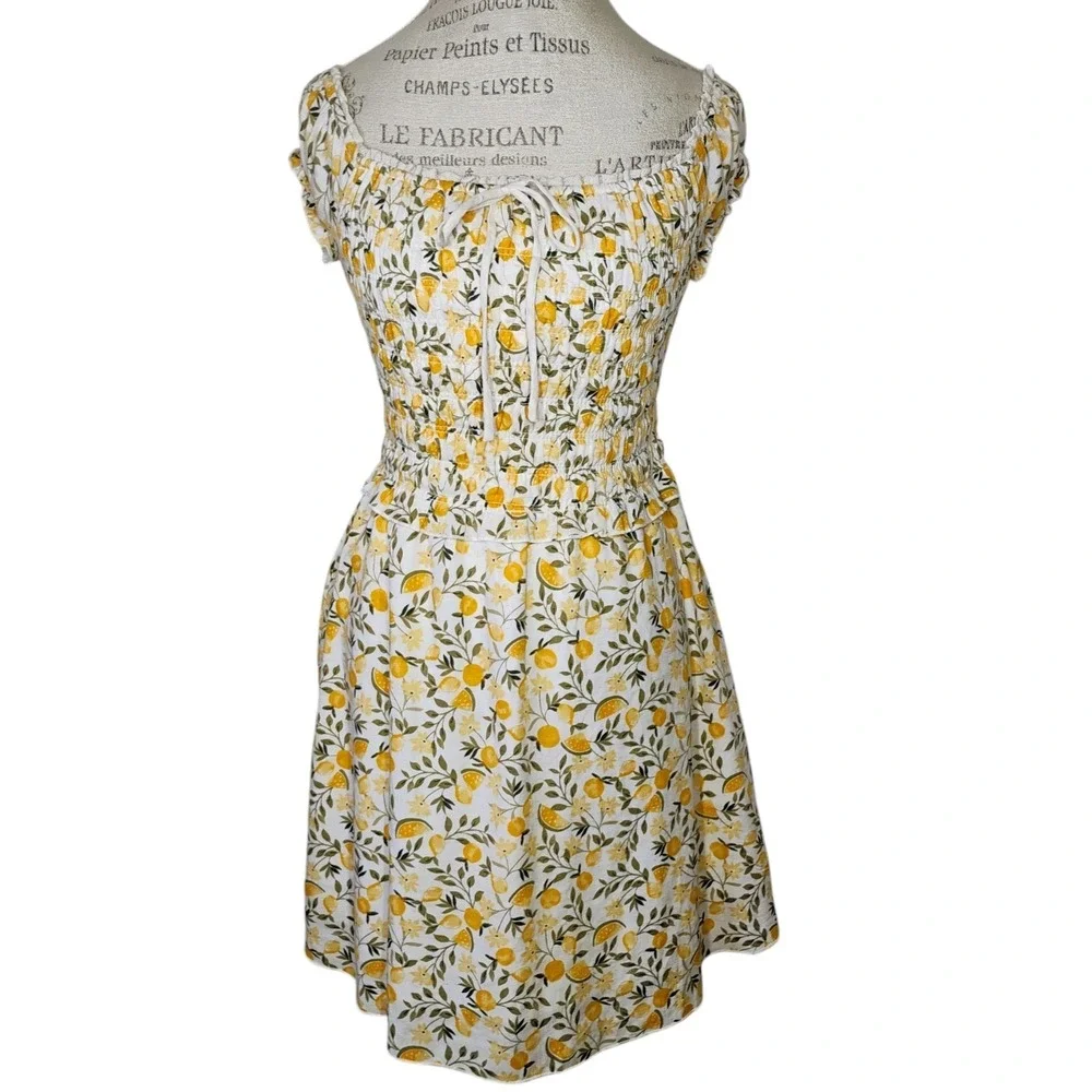 Kirious Los Angeles Mini Dress Womens Small Fruit Print Linen Blend Smocked Cute